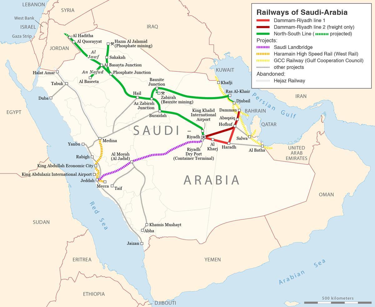 Mapa Saudská Arábia železničnej