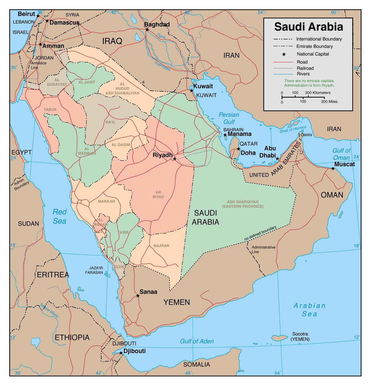 Mapa prehľadu Saudská Arábia so susednými krajinami