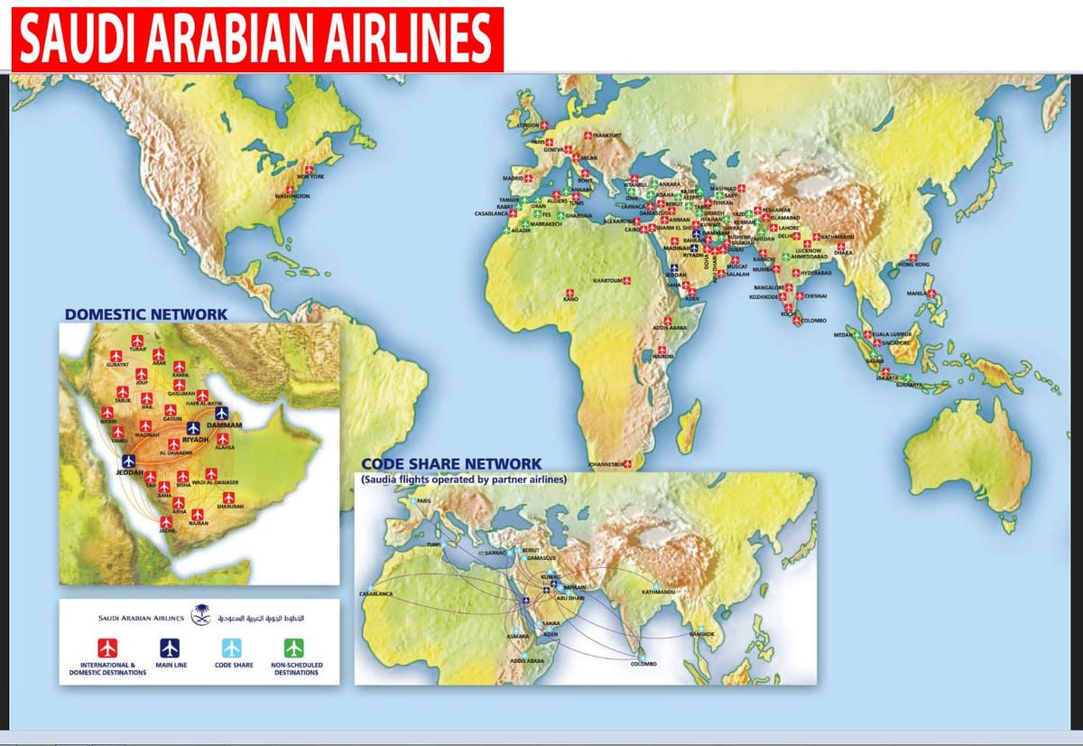 Mapa Saudskej Arabian airlines trasy
